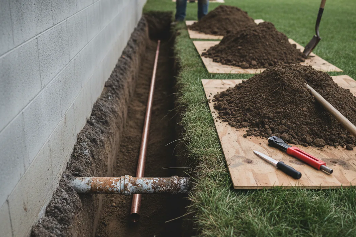 Excavated water line trench during Water Heater Repair in Richardson